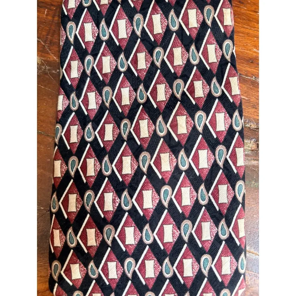 Ferracci Extra Long Men’s Tie Geometric Burgundy Black Teal 62” Polyester